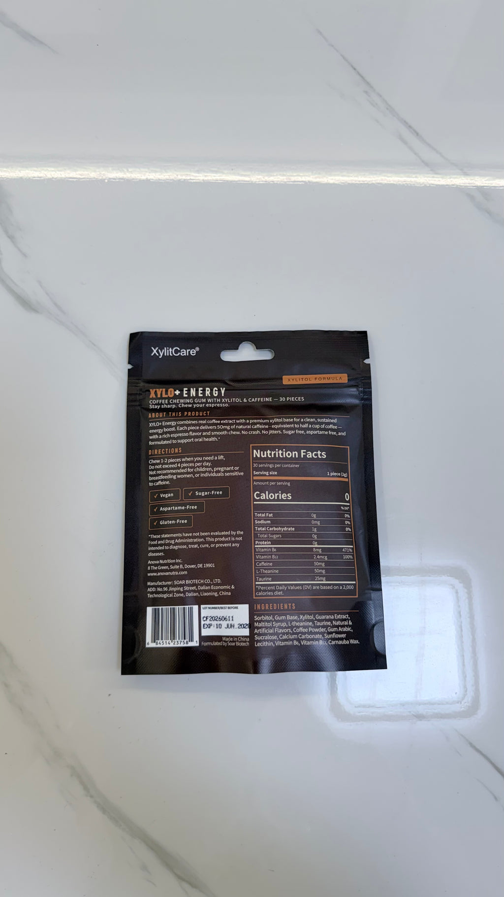 XYLO+ Energy Gum — Caffeine + L-Theanine Chewing Gum | 50mg Caffeine Per Piece, 30 Pieces