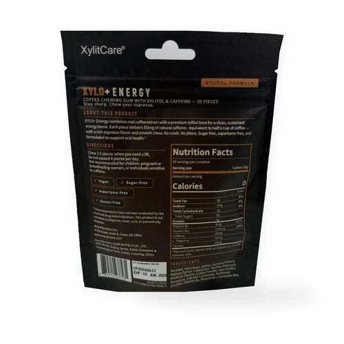 XYLO+ Energy Gum Coffee flavor back pouch with nutrition facts