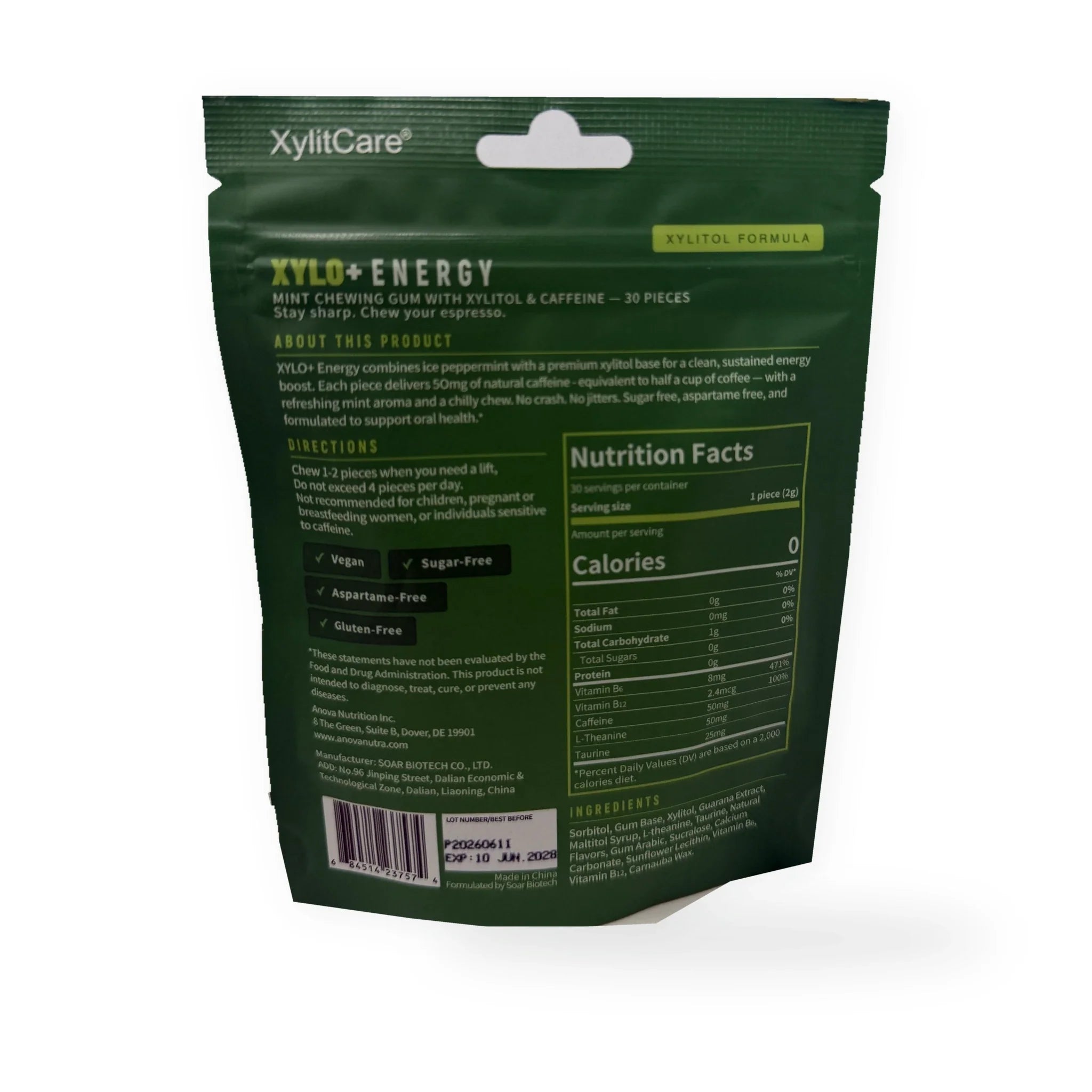 XYLO+ Energy Gum Peppermint flavor back pouch with nutrition facts