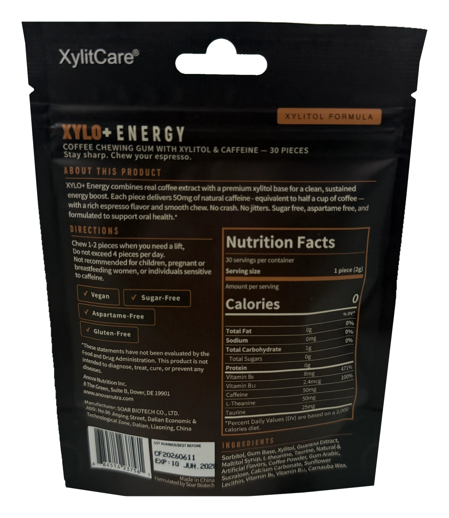 XYLO+ Energy Gum Coffee flavor back pouch