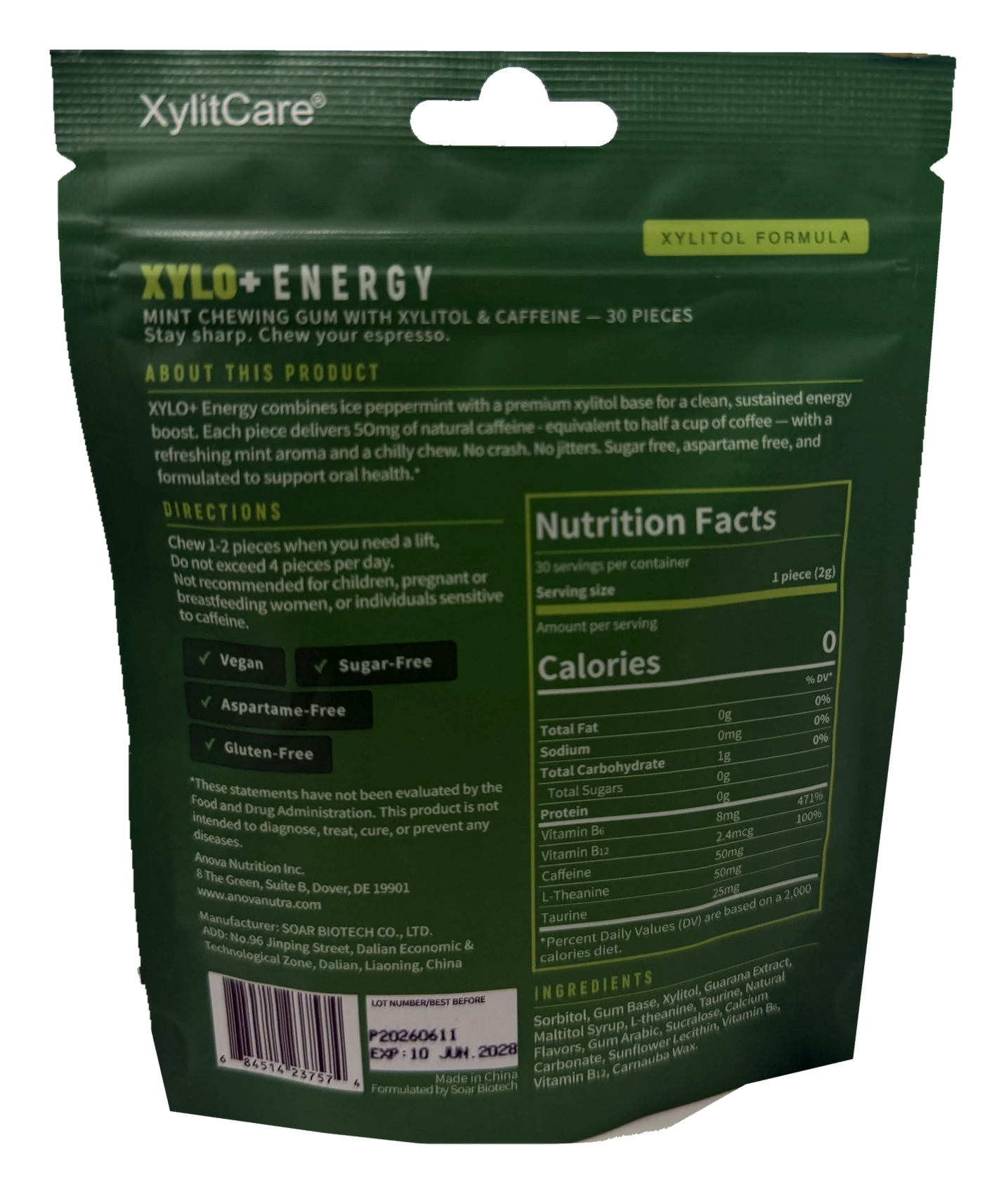 XYLO+ Energy Gum Peppermint flavor back pouch